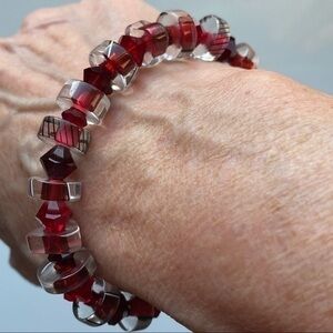 Artisan Boho Ruby Red crystal glass beaded 925 sterling silver bracelet NEW